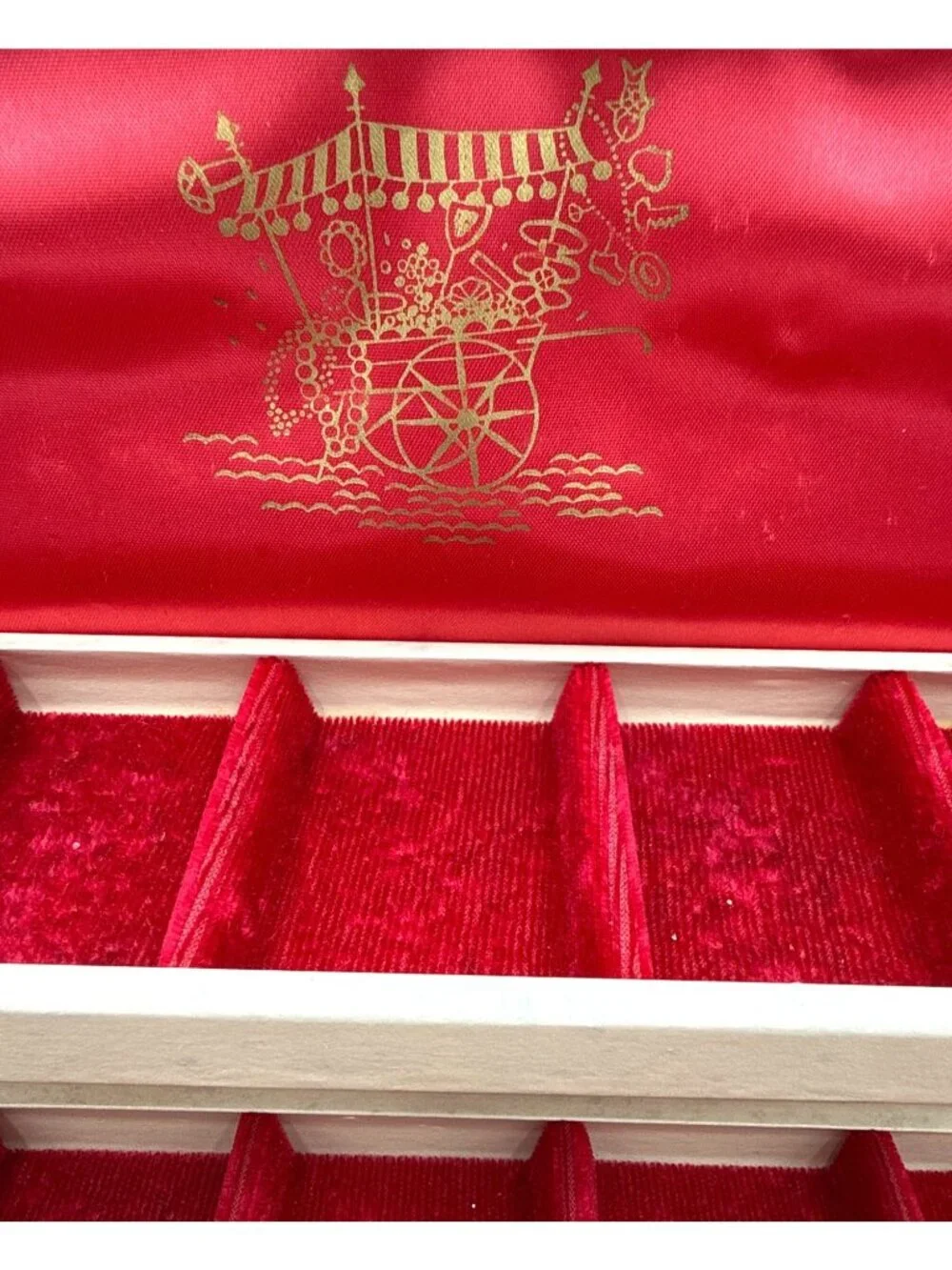 Vtg Ivory Jewelry Box Red Velvet Lining & Gold Accent Details Two-Tier Storage